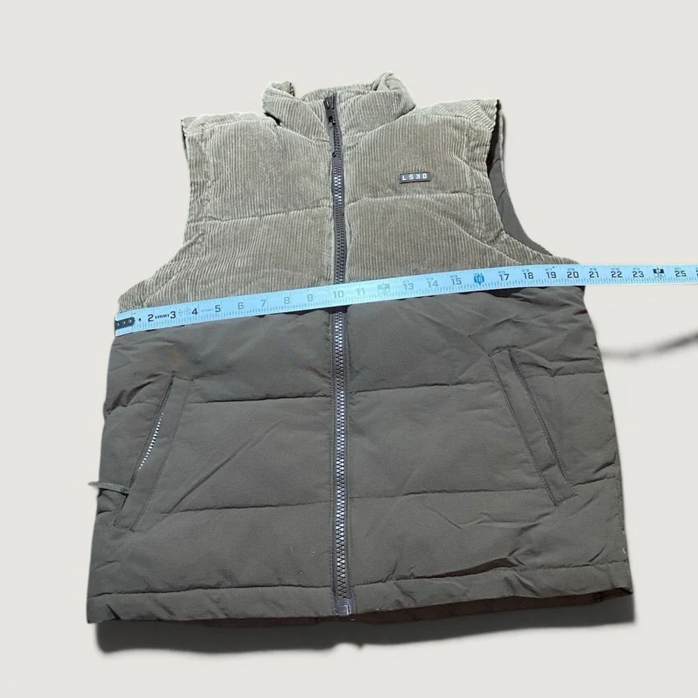 LSKD men's Winter Puffer Vest Brown Ribbed Corduroy Upper Quilted Lower Small